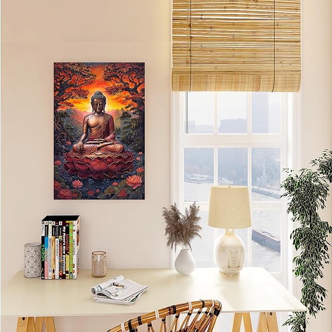 Golden Buddha on lotus seat serene meditation statue amidst lush trees flowing water and sunrise light spiritual home art for a tranquil decor 12x18in Wood Framed