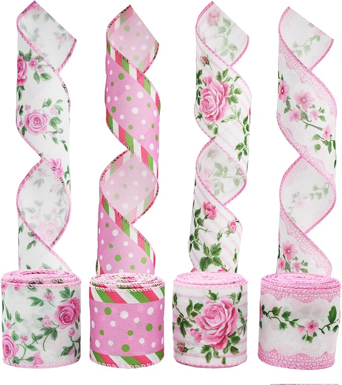 4 Rolls Pink Rose Floral Wired Edge Ribbon – 2.5 Inch, 5 Yards Each, Summer Grosgrain Set for Wedding Decor, Gift Wrapping, DIY Crafts, Mother's Day Gift