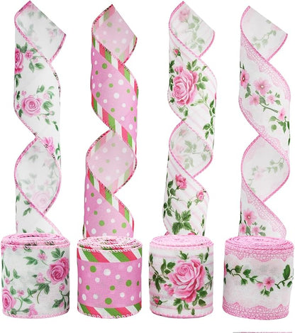 4 Rolls Pink Rose Floral Wired Edge Ribbon – 2.5 Inch, 5 Yards Each, Summer Grosgrain Set for Wedding Decor, Gift Wrapping, DIY Crafts, Mother's Day Gift