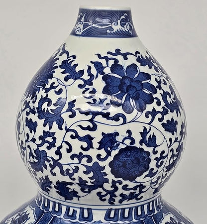 17" Classic Blue and White Porcelain Gourd-Shaped Vase, China Ming Style, Happiness, Good Fortune, Fengshui, Jingdezhen, Free Wood Base
