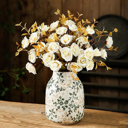 Green and Beige Vintage Vase, Chinoiserie Floral Vase, Rustic Ceramic Large Vases for Home Decors, Living Room, Bookshelf, Office, Grand Millennial Decor, Chinoiserie Decors, Tuscan Decor 7.8 Inch