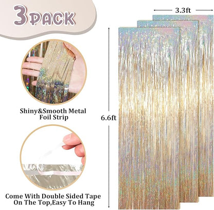 3 Pack 3.3 x 6.6 ft Champagne Foil Fringe Backdrop, Tinsel Streamers Party Decorations, Fringe Backdrop for Birthday, Photo Booth Props for Bachelorette, New Years Eve Party Supplies