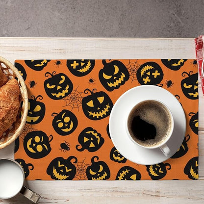 Placemats 4 pcs Halloween Double-Layer Imitation Linen Place Mats Non-Slip Heat-Resistant Tablemats for Home Restaurant Hotel 18×12 Inch