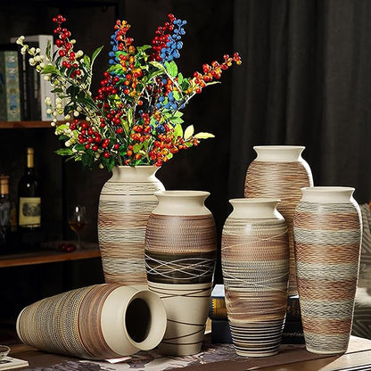 Ceramic Rustic Farmhouse Vase, 12.6” Large Vintage Flower vase for Home Decor, Tall Boho Textured Vases for Living Room, Table, Mantel, Shelf and Centerpieces Decor and Housewarming (B)