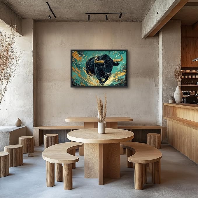 Large Highland Cow Wall Art for Living Room, Teal and Golden Bison Buffalo Wall Decor, Framed Oversized Cow Canvas Painting Modern Artwork for Living Room Bedroom Office Dining Room 36"x24"
