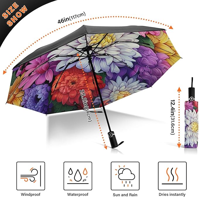 Automatic Folding Umbrella Windproof Strong, UV Protection Compact Floral Hydrangea Hummingbird Sun Rain Sun Rain Travel Umbrellas for Women Men