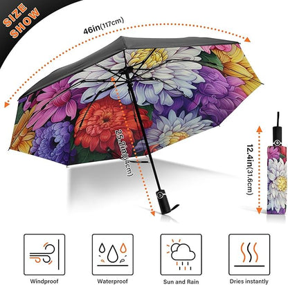 Automatic Folding Umbrella Windproof Strong, UV Protection Compact Floral Hydrangea Hummingbird Sun Rain Sun Rain Travel Umbrellas for Women Men