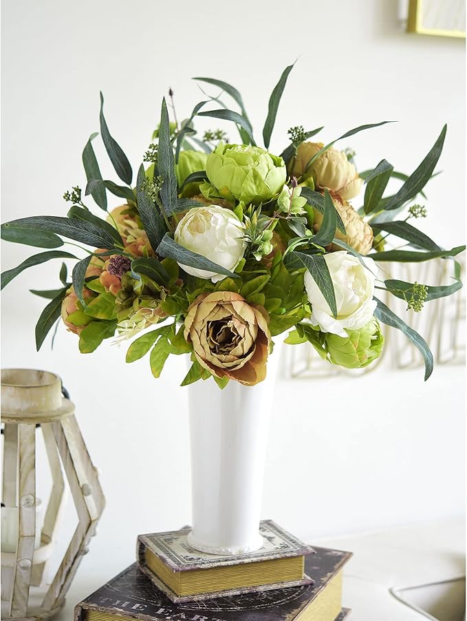 FiveSeasonStuff Vintage Artificial Peonies Silk Peony Flowers and Hydrangeas for Wedding Bridal Home Décor – Beautiful Floral Centerpiece Arrangement 2 Bouquets (Country Rustic Brown Beige Green Mix)