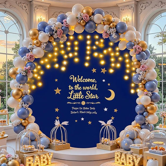 6.6 FT Navy Blue Round Backdrop Cover with Lights String for Circle Arch Stand Circle Backdrop Covers with LED Fairy Lights for Wedding Arch Baby Shower Birthday Party Photo Photography Background