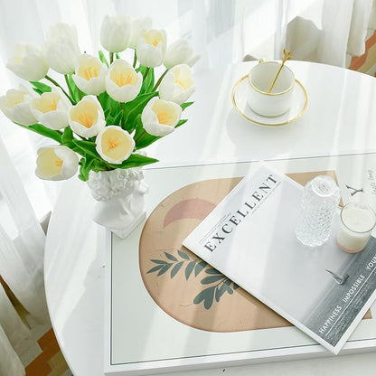 Mandy's Artificial Tulips 12 Stems White Partially Open PU Faux Flowers for Thanksgiving and Christmas Decorations Wedding Home Decor 13.5 Inch