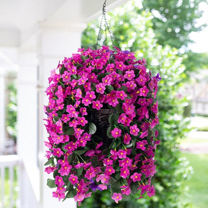 Artificial Faux Silk Hanging Flowers Plants Baskets for Outdoor Outside Spring Summer Decoration, Fake UV Resistant Look Real Fuchsia Orchid Trailing Vines for Porch Patio Home
