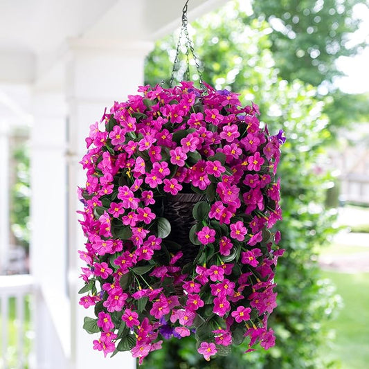 Artificial Faux Silk Hanging Flowers Plants Baskets for Outdoor Outside Spring Summer Decoration, Fake UV Resistant Look Real Fuchsia Orchid Trailing Vines for Porch Patio Home