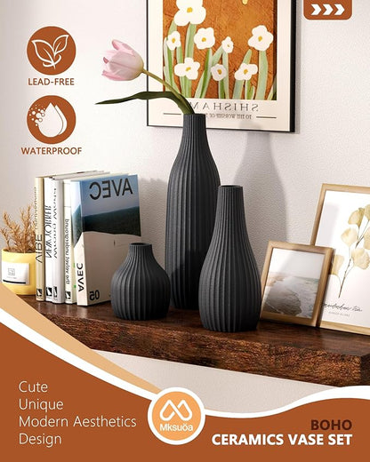 Decorative Flower Vase Set of 3 - Modern Boho Style Black Vases, Ribbed Textures Ceramic Vase for Home Decor Shelf Bookshelf Mantle TV Stand Entryway Console, Dining Table Centerpiece Decor