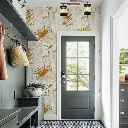 Gold/White Chrysanthemum Floral Peel and Stick Wallpaper - Tropical Palm Leaf Vintage Floral Contact Paper - Removable Wallpaper Vinyl Self Adhesive for Living Room Bedroom Shelf - 118.1"x17.71"