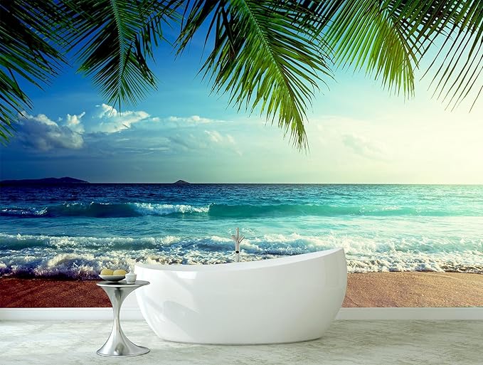 WFBHUA-Beach Wallpaper Mural Peel and Stick Tropical Sunset Ocean Waves Self Adhesive Wall Mural for Bathroom Bedroom 137"x100"