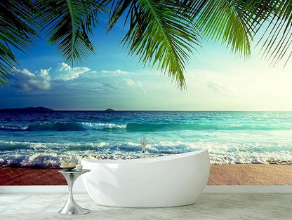 WFBHUA-Beach Wallpaper Mural Peel and Stick Tropical Sunset Ocean Waves Self Adhesive Wall Mural for Bathroom Bedroom 137"x100"