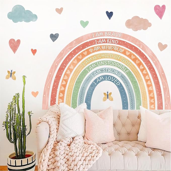 Rainbow Wall Decal Kids Inspirational Wall Stickers Watercolor Rainbow Wall Decals for Nursery Pastel I Am Decor Motivational Vinyl Walls Sticker for Kids Bedroom Playroom,20.6"x34"
