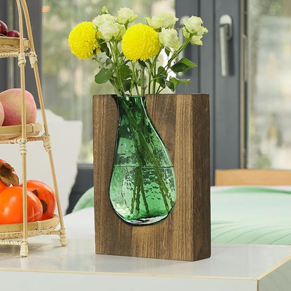 Wood and Glass Inlay Vases Farmhouse Wooden Glass Flower Vase Solid Wood Glass Vase Home Decor Vases for Centerpiece (9.29 Inches)