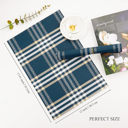 Placemats Set of 6, Washable Vinyl Place Mats Heat Resistant PVC Weave Table Mats for Dining Table Decoration Indoor/Outdoor Non-Slip Easy to Clean (Blue)