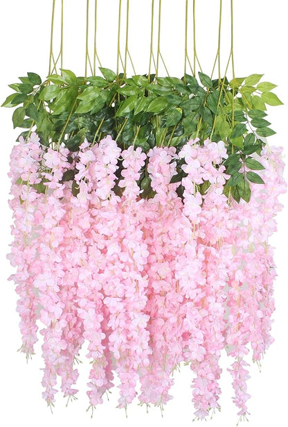 Duovlo 12 Piece Artificial Silk Wisteria Vine 3.6 Feet Ratta Hanging Flower Garland String Home Party Wedding Decor (Light Pink)