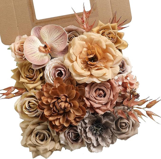 Coffee Artificial Flowers Combo Brown Silk Flowers Fake Roses Dahlia with Stems for DIY Wedding Bridal Bouquets,Table Centerpieces,Cake Floral Arrangement,Baby Shower,Birthday Home Decor