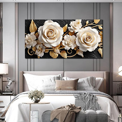 Flower Large Canvas Wall Art for Living Room Bedroom Home Office White and Gold Wall Art Blossom Picture Framed Wall Decor Modern Canvas Prints 29x59 In