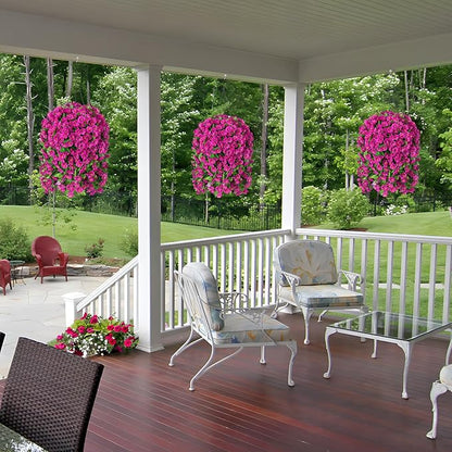 Artificial Faux Hanging Flowers Basket for Spring Summer Outdoor Porch Decoration, Fake Silk Colorful Morning Glory Eucalyptus in Planter UV Resistant for Home Balcony Yard(Red Purple)