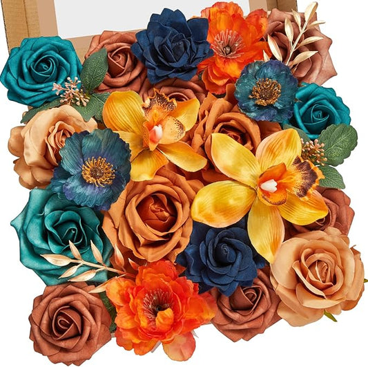 Serwalin Teal Burnt Orange Artificial Flowers, Fake Silk Cake Flowers for DIY Wedding Bridal Bouquet Centerpieces Floral Arrangement Decor Party Baby Shower Fall Home Decor