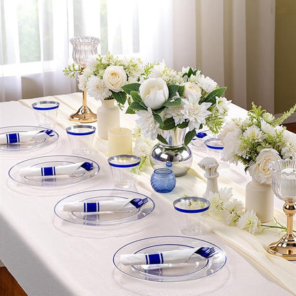 SUT 175 Pcs Blue and Clear Plastic Dinnerware Set for 25 Guests, Include: 25 Dinner Plates, 25 Dessert Plates, 25 Pre Rolled Napkins With Silverware, 25 Cups, Disposable Plates for Party, Wedding