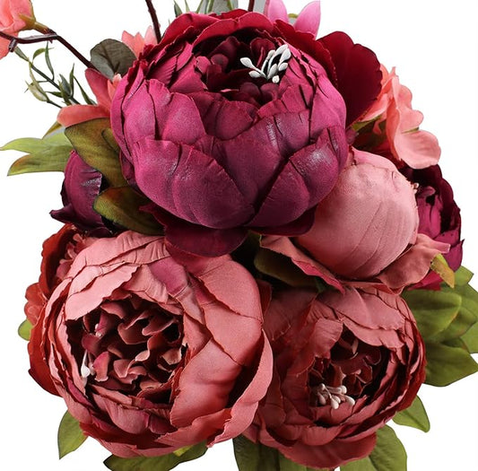 Duovlo Fake Flowers Vintage Artificial Peony Silk Flowers Wedding Home Decoration,Pack of 1 (New Red)