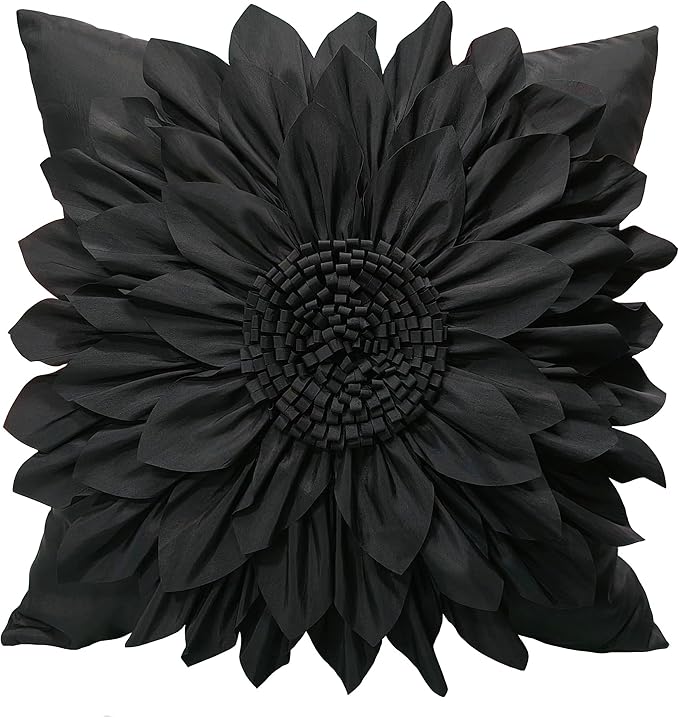 Bella's Giftshop Black Decorative Throw Pillow Covers 18x18 Inch for Bed Sofa Couch, Handmade 3D Accent Sunflower Floral Pillowcase, Living Room Decor