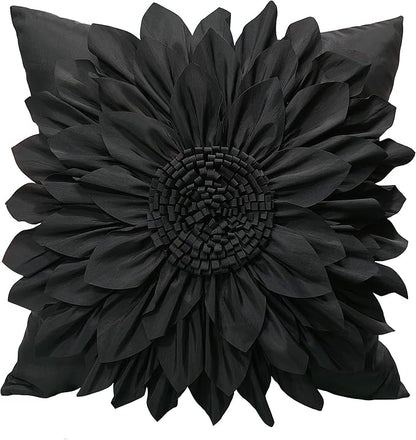 Bella's Giftshop Black Decorative Throw Pillow Covers 18x18 Inch for Bed Sofa Couch, Handmade 3D Accent Sunflower Floral Pillowcase, Living Room Decor