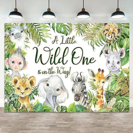 12x8ft Baby Shower Backdrop A Little Wild One is On The Way Photography Background Jungle Animals Tropical Green Leaf Newborn Birthday Party Banner Decorations Gender Reveal Photo Booth Prop
