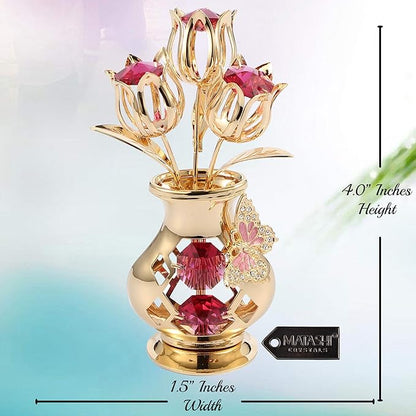 Beautifully Crafted Tulips in A Vase Table Top Ornament Dipped in 24k Gold Plating Made with Genuine Matashi Crystals (Butterfly, Red Crystal)