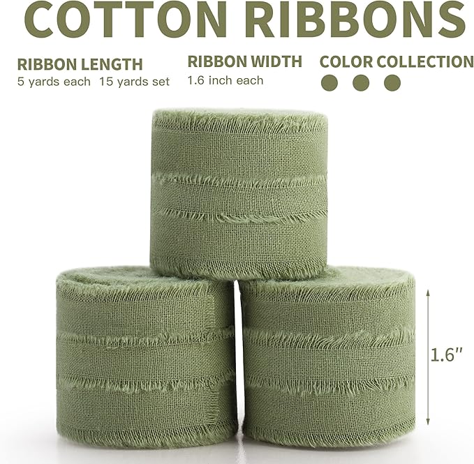 Sage Green Ribbon 1-1/2 x 15 Yards Handmade Cotton Frayed Fringe Fabric Ribbons for Crafts Flower Bouquets Wedding Baby Shower Home DIY Decor