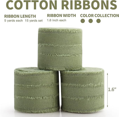 Sage Green Ribbon 1-1/2 x 15 Yards Handmade Cotton Frayed Fringe Fabric Ribbons for Crafts Flower Bouquets Wedding Baby Shower Home DIY Decor