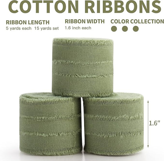 Sage Green Ribbon 1-1/2 x 15 Yards Handmade Cotton Frayed Fringe Fabric Ribbons for Crafts Flower Bouquets Wedding Baby Shower Home DIY Decor