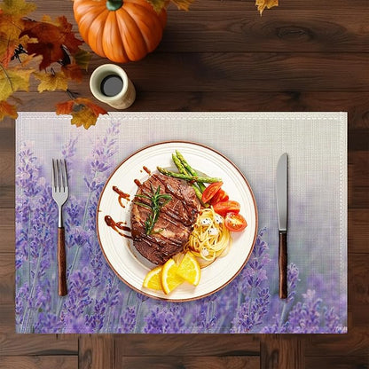 Purple Lavender Placemats Set of 6,Washable Heat Resistant 12×18 Inch Linen Table Mats Flower Weed Place Mats for Party Outdoor Dining Décor
