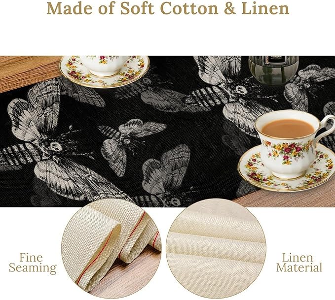 Gothic Moth Table Runner, Boho Gothic Mystical Witchy Skull Retro Farmhouse Coffee Table Center Decor for Home Kitchen Dining Patio Holiday Party Table Decorations 13x108 inches