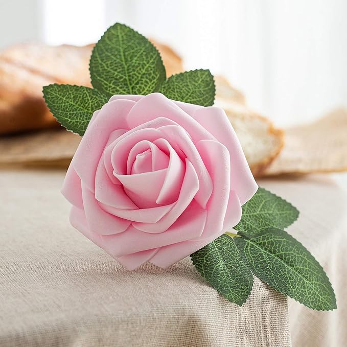 Artificial Flower Foam Rose 25pcs Real Looking Fake Rose with Stems Leaves for Home Decoration Party Garden Centerpieces DIY Wedding Bouquets（Light Pink）