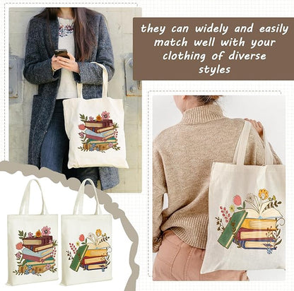 Sweetude 8 Pcs Christmas Book Lovers Club Gifts Bulk Canvas Tote Bags Bookish Librarian Reader Gift for Women Teacher Present(Book)