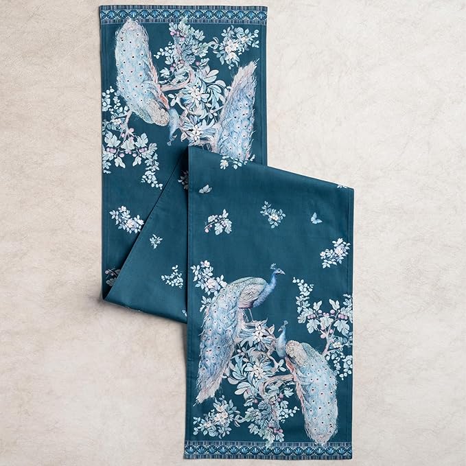 Maison d' Hermine Tablerunners 100% Combed Cotton Premium Table Runner Decorative Table Cover, Home, Kitchen & Camping, Peacock Utopia - Deep Sea, Double Layer - (14.5"x108")