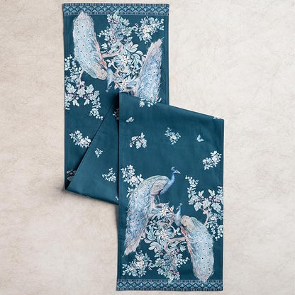 Maison d' Hermine Tablerunners 100% Combed Cotton Premium Table Runner Decorative Table Cover, Home, Kitchen & Camping, Peacock Utopia - Deep Sea, Double Layer - (14.5"x108")