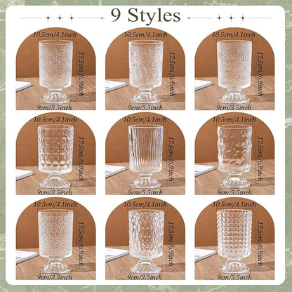 9 Set (H:7 Inch W:4 Inch) Flower Crystal Glass Vases Embossed Pedestal Vases for Centerpieces Hydroponic Glass Transparent Bottle for Home Office Wedding Dining Table Party(Clear)