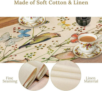 Brown Bird Floral Table Runner Spring Flower Kitchen Table Decoration Suitable for Family Dinner Decoration 13x120 Inch
