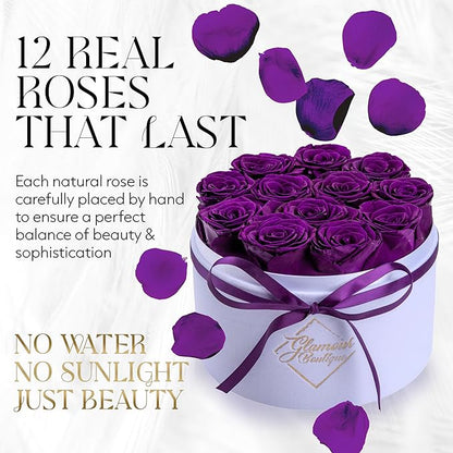 GLAMOUR BOUTIQUE Flower Forever Gift Box 12 Real Preserved Roses in Round Velvet White Box, Handmade, Rose Petals, Birthday, Marriage, Anniversary, Graduation - Purple