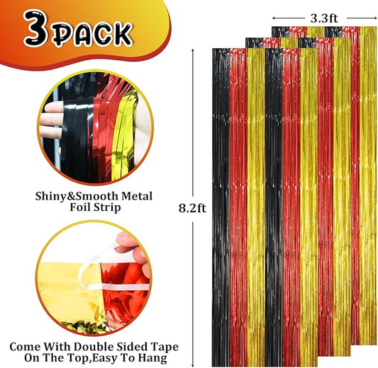 3 Pack 3.3 x 8.2 ft Red Black Gold Foil Fringe Backdrop Curtains, Tinsel Streamers Party Decorations, Fringe Backdrop, Door Shimmer for Thanksgiving Day or Birthday Party