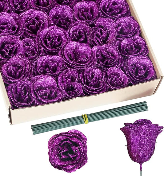 Glitter Roses Bouquet,30PCS Fake Purple Roses Glitter Flowers for Crafts Wedding Bouquet Party Christmas Home Decor(Dark Purple)