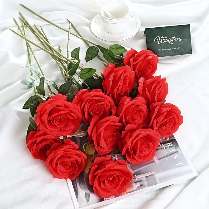 Waipfaru 12 Pcs Artificial Flowers Fake Silk Roses, Faux Real Touch Roses Bouquet with Long Stem for Wedding Party Home Decor (Red)