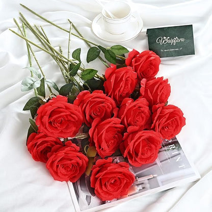 Waipfaru 16 Pcs Artificial Flowers Fake Silk Roses, Faux Real Touch Roses Bouquet with Long Stem for Wedding Party Home Decor (Red)